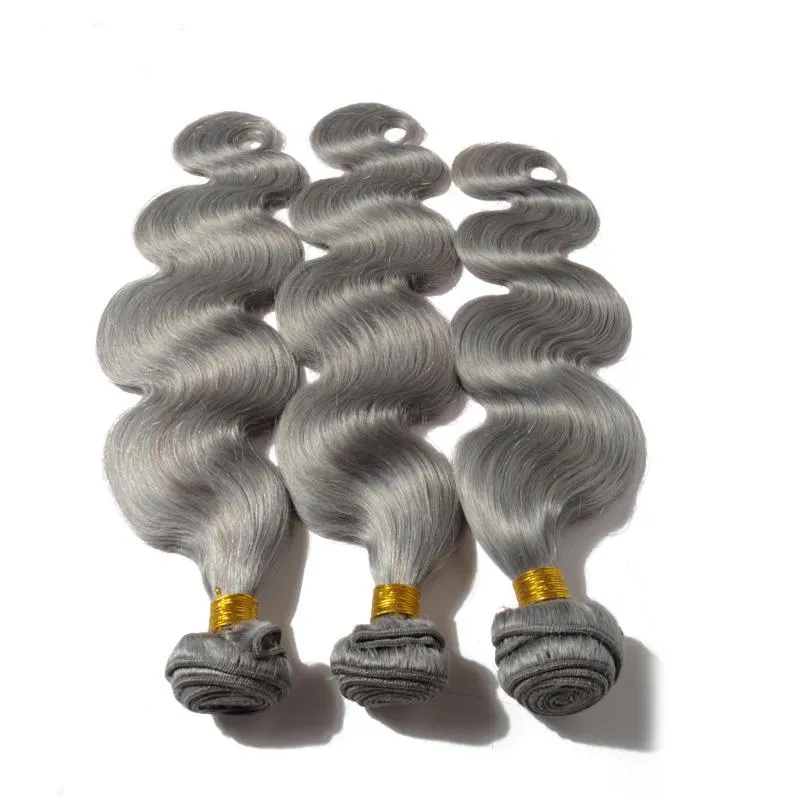 Vente chaude Gris Weave Bundles Vague De Corps Péruvien Extension De Cheveux Humains Humide Et Ondulé Argent Gris Trame Top Grade Produits De Beauté