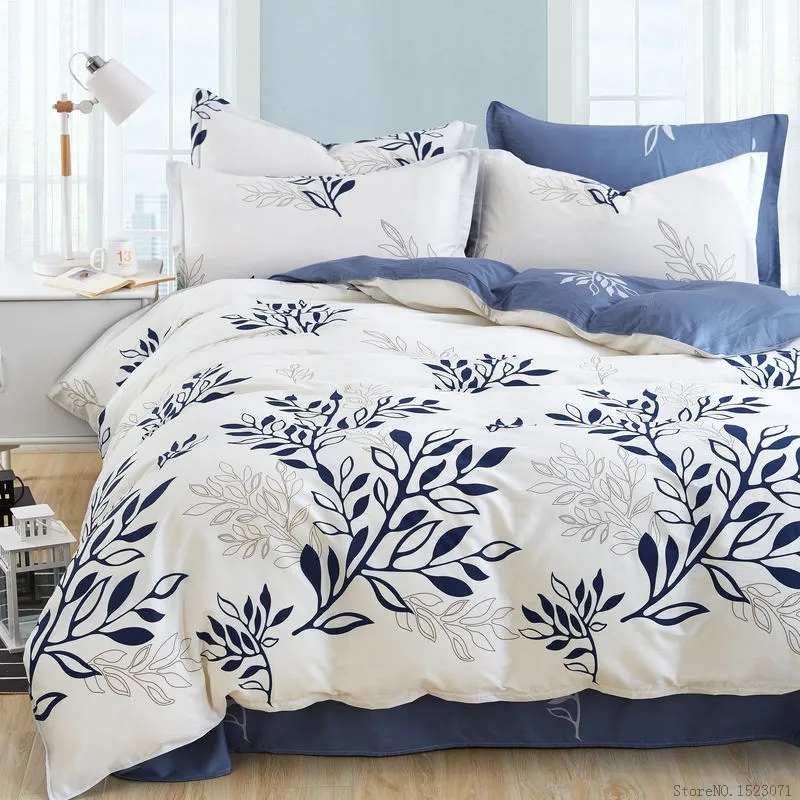 도매 - 블루 올리브 리프 인쇄 침대 린넨 세트 스트라이프 격자 무늬 침구 세트 Bohemian Bedspread Floral Bedclothes 현대적인 스타일 이불 커버