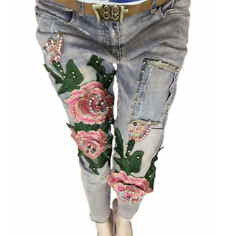 All'ingrosso- Jeans da donna alla moda con fiori 3D Pantaloni a matita skinny sottili casual Pantaloni in denim blu con perline Jeans a matita elasticizzati