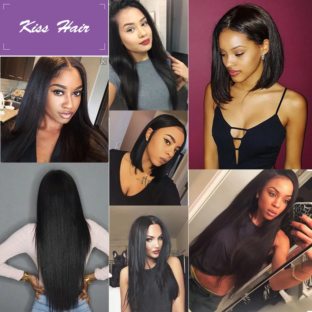 Couleur naturelle Kisshair 10-26 pouces paquets de cheveux humains crus vierge indienne soyeuse coiffure droite tissage brésilien malaisien péruvien extension double trame