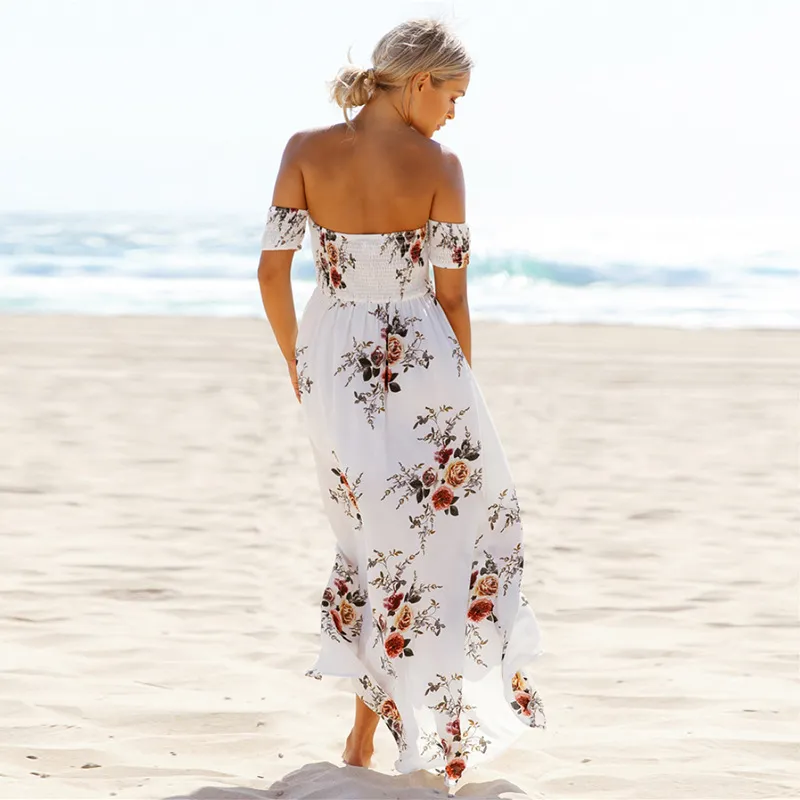 Lange jurk vrouwen uit schouderstrand zomerjurken bloemenprint vintage chiffon witte maxi jurk vestidos de festa