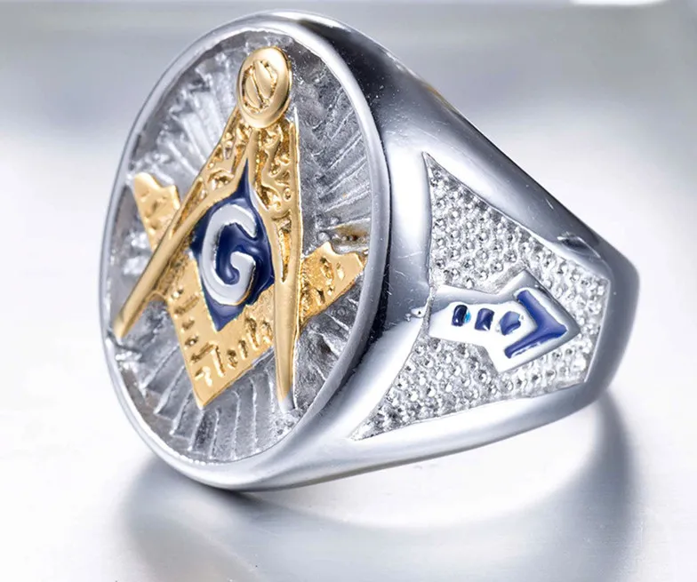 New Gold Silver Masonic Ring Stainless Steel Blue Enamel Freemason Jewelry Free mason Signet Ring jewel for men Wholesale