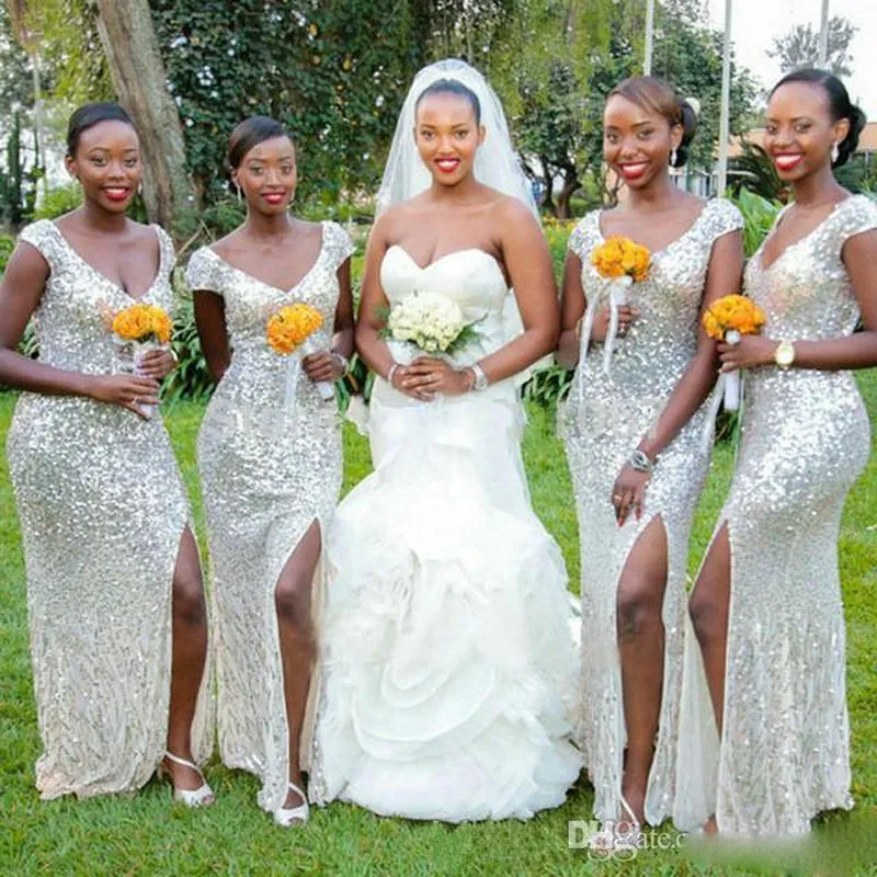 Arabic Country Split Silver Sequin Bridesmaid Dresses With Sparkling Sequins Long Formal Gown For Women Perfect For Beach Weddings African Bridal Party And Wedding Guests Backless Design From Weddingp...