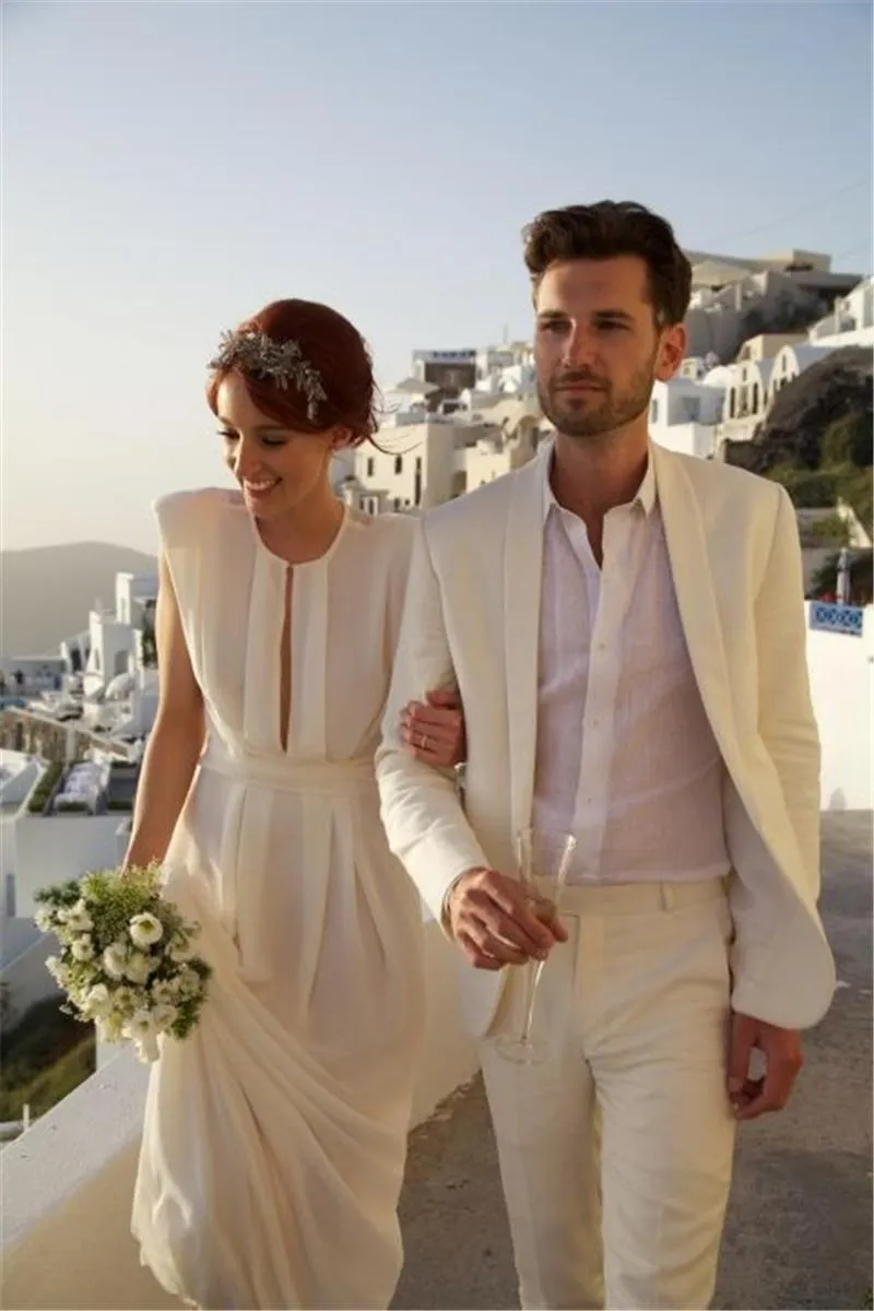 Plage Blanc Tuxedos Hommes Costumes pour Mariage 2 Pièces Hommes Costumes Sur Mesure Marié Mariage Marié Tuxedos Meilleur Homme Costumes (Veste + Pantalon)