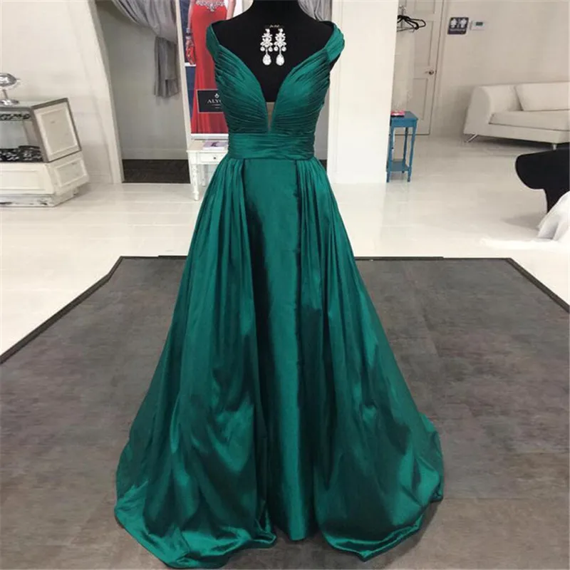 Elegantes vestidos de noche largos 2017 de alta calidad de color verde  esmeralda satinado con cuello