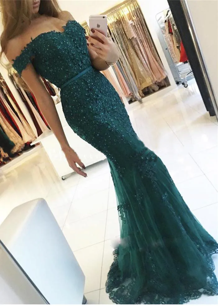 Dark Green Fashion Prom Dresses Off Shoulder Beaded Appliques Sleeveless Tulle Formal Party Dresses 2017 New Elegant Mermaid Evening Dress