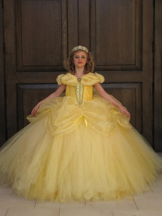 빈티지 볼 가운 꽃 파는 소녀 드레스 라이트 옐로 Organza 파동 모자 소매 걸스 Girls Pageant 가운 Tulle Floor Length Princess Baby Dress