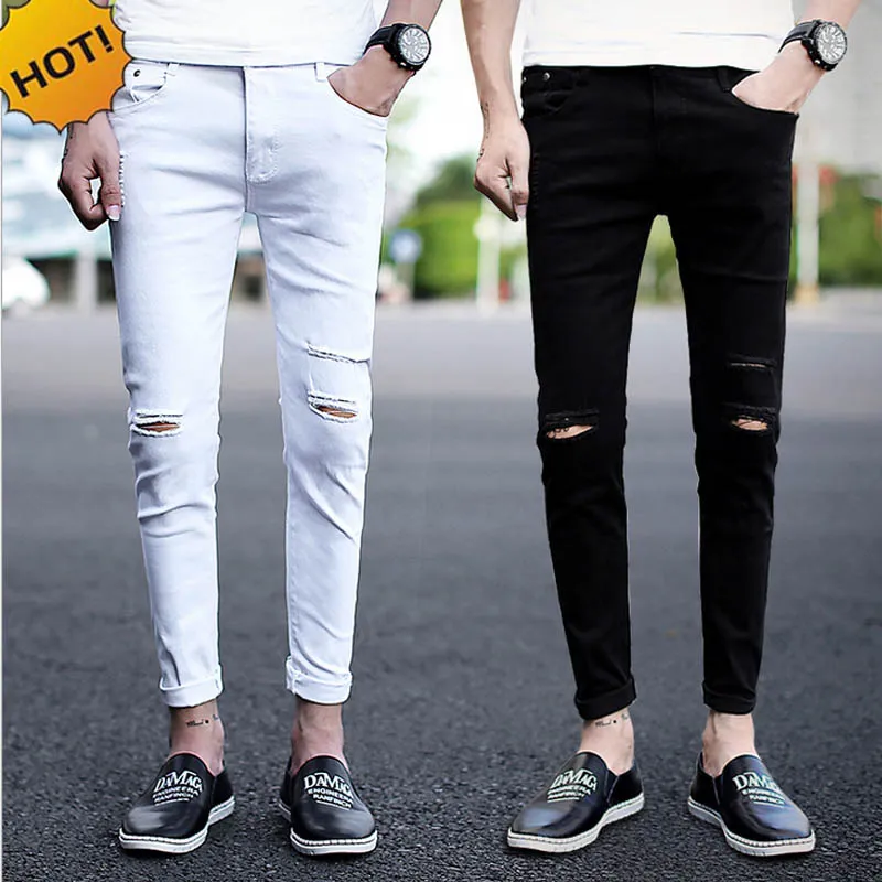 Calças de brim masculinas novo 2017 moda adolescente hip hop meninos rua cidade casual joelho angustiado buraco tornozelo-comprimento calças harem magro ajuste