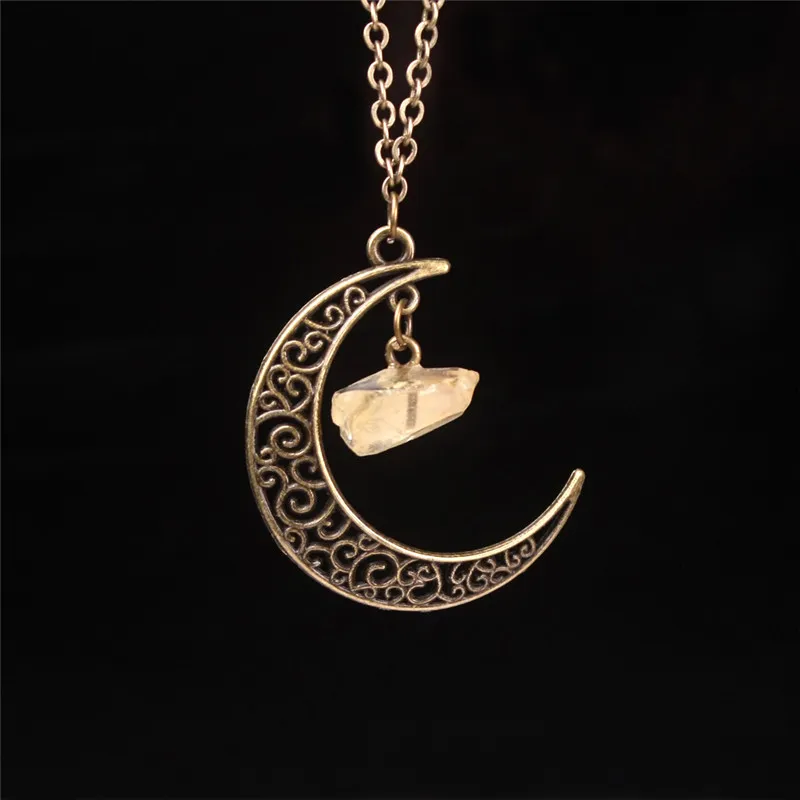 Crescent Half Moon Pendant Halsband Natursten Prehnite Amethyst Crystal Healing Reiki Ädelsten Antik Brons Halsband Goddess Smycken