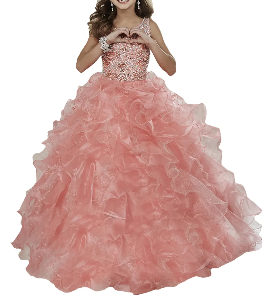 Light Coral Jeweled Little Princess Girls Pageant Vestidos de baile Cuentas hechas a medida Rhinestones Kids Dance Fiesta de cumpleaños Vestidos con correas