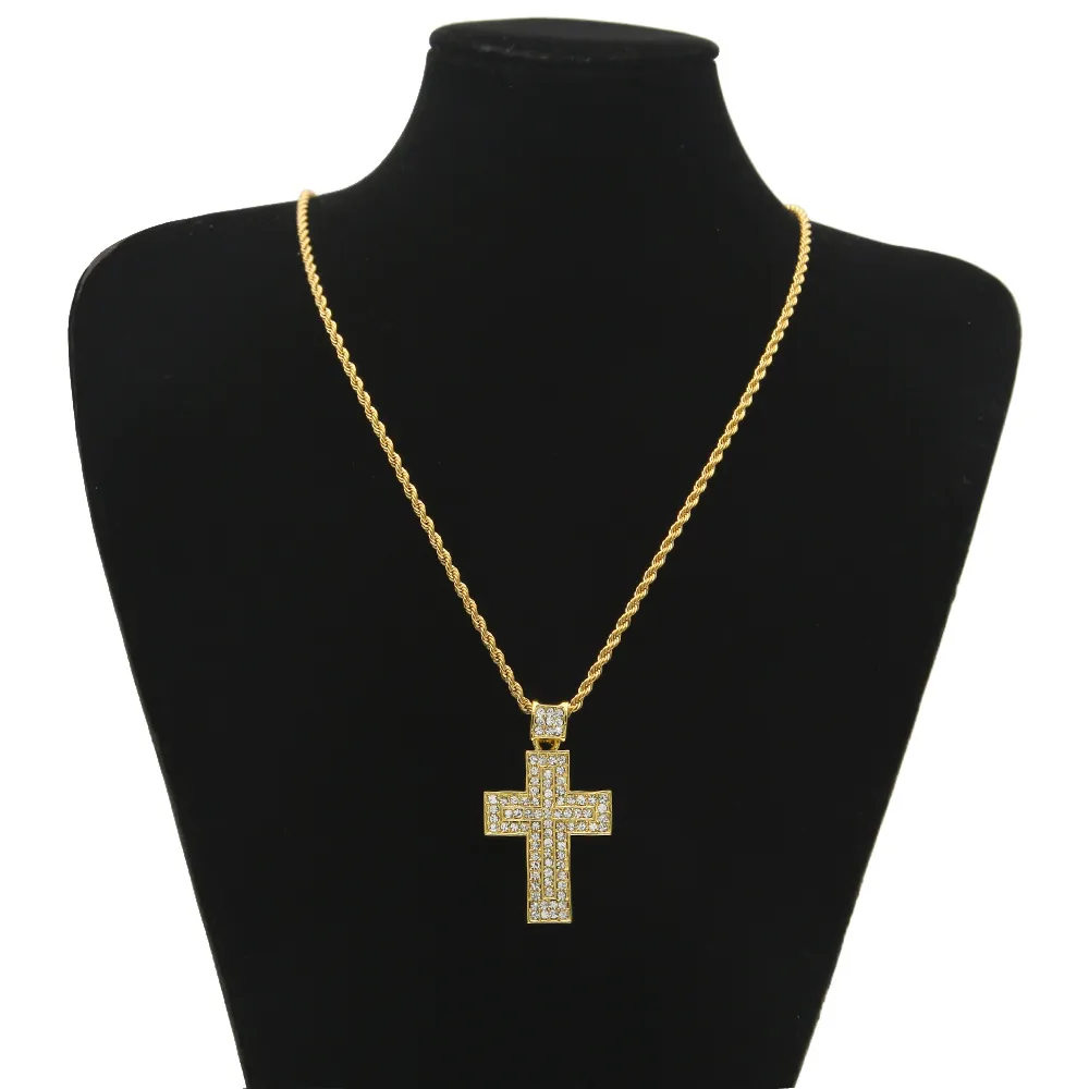 Mens Hip Hop Jewelry 18K Gold Silver Plated Fashion Bling Bling Cross Pendant Men Necklace For Gift Present Christian196E