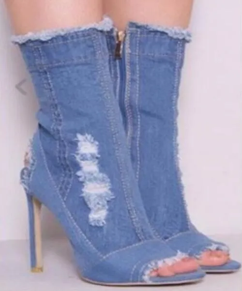 Botas de jeans sexy de bezerro de bezerro mulheres salto fino peep dedo botas de borla de verão sandálias de sandálias de jeans Jeans Jeans Jeans Jeans Jeans Jeans Jeans Jeans Jeans Jeans