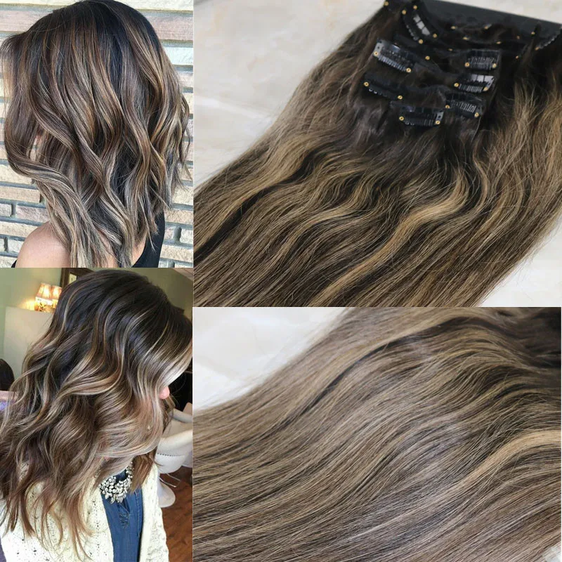 8A 7pcs 120 gramas Clipe Em Extensões De Cabelo Humano Morena Balayage Liso Brasileiro Remy Cabelo Humano Trama Ombré Castanho Escuro Destaques