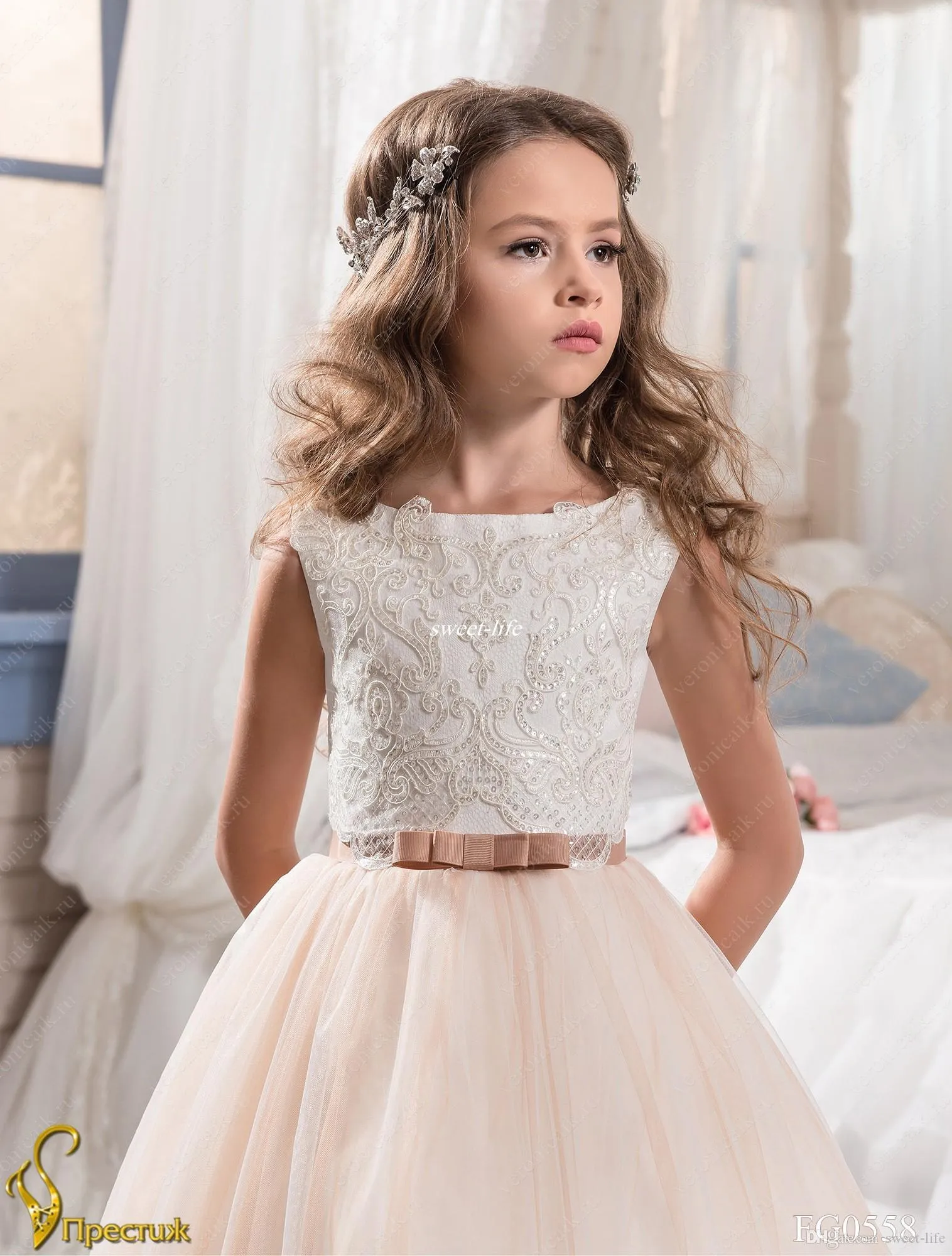 Por encargo vestidos de niña de flores para la boda Blush Pink Princess Tutu con lentejuelas apliques de encaje Bow 2017 Vintage niño vestido de primera comunión