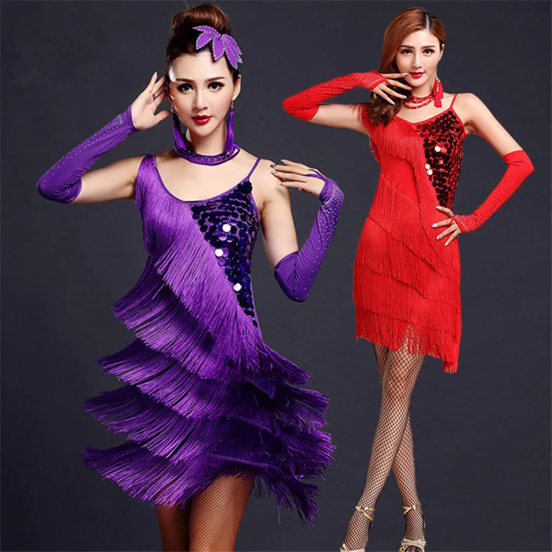 Hight Quality Latin Dance Jurken Sexy bretels Pailletten Kwasten Jurk Dames Salsa Tango Dancewear Dance Costume Fringed gouden pailletten