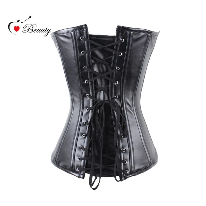 2016 Steampunk Overbust Corsetto PU Nero Gotico Steampunk Corsetto Imbracatura in pelle Corpetes E Espartilhos et Corsetto in pelle