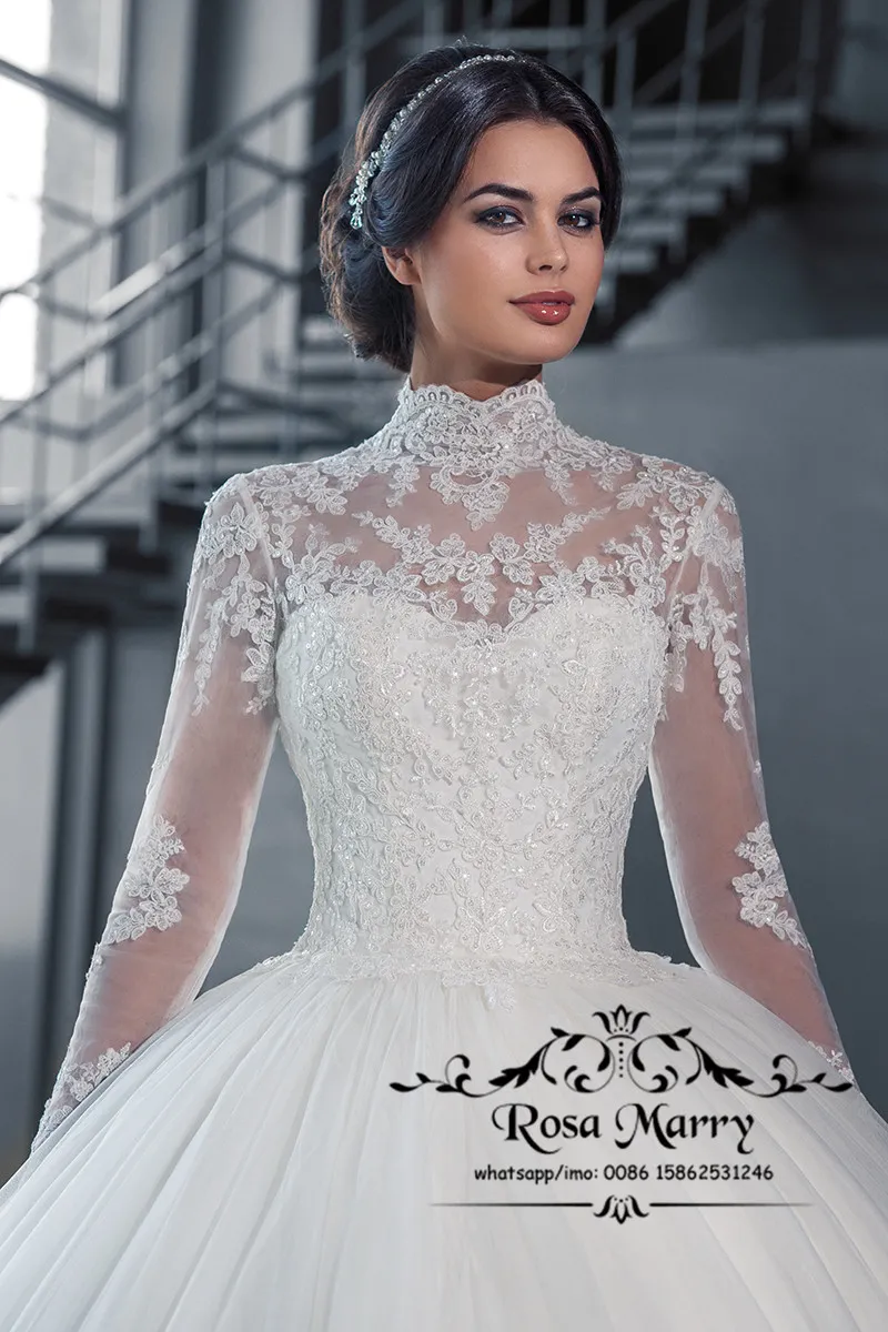 Prinsessan Islamic Ball Gown Lace Bröllopsklänningar 2020 High Neck Långärmade Victorian Plus Storlek Tulle Muslim Turkiska Arabiska Vestido de Novia