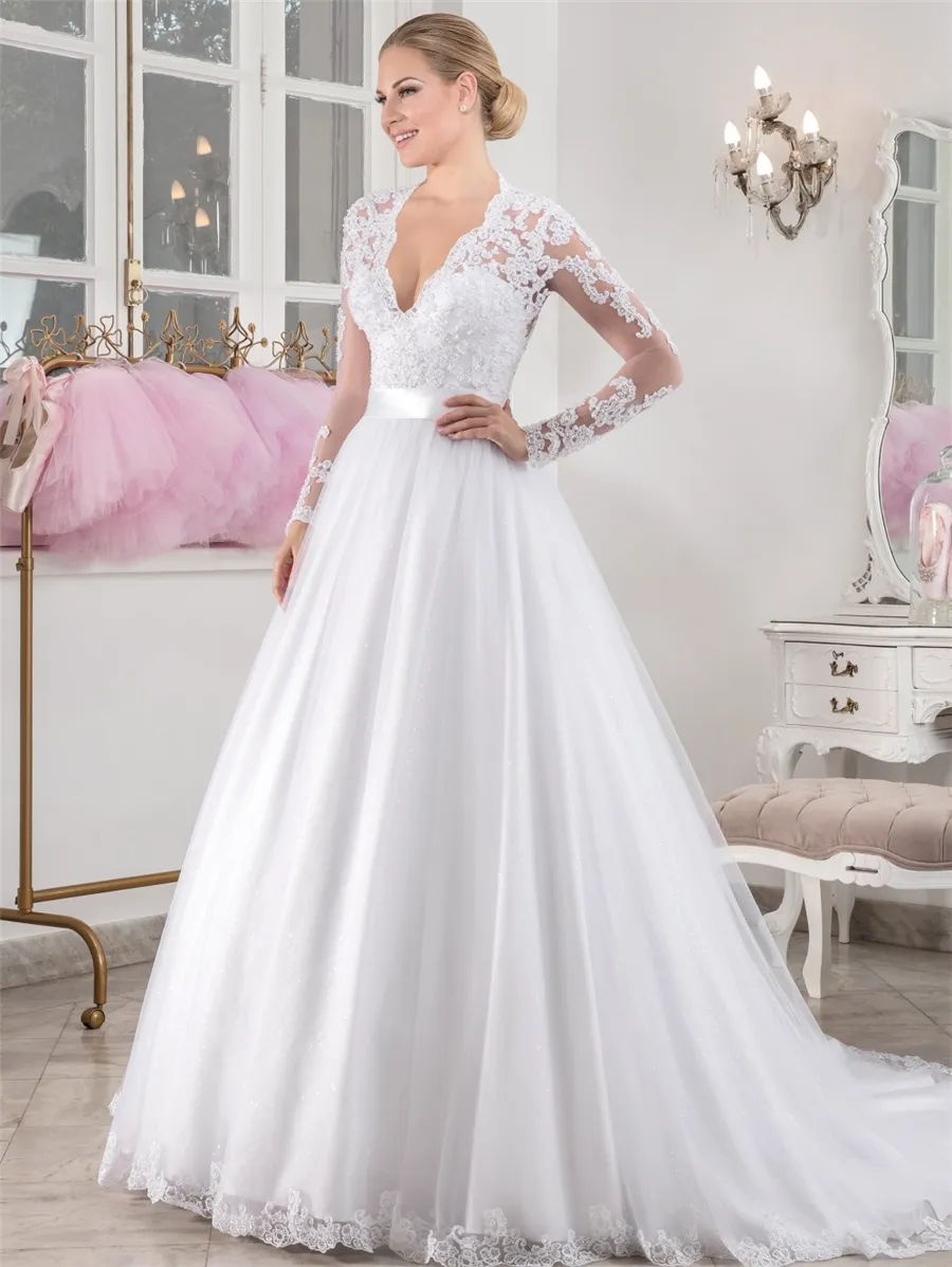 Vestido de Noiva Sexy Back Pearls Decoratio Robe de Mariage A-Line Long Sleeves Wedding Dress Satin Belt V-back Bridal Gowns Boda