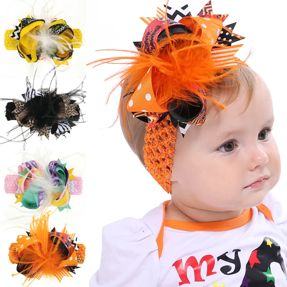 Kids Halloween Bow Hairbands Headbands Hairpin Clips Baby Girls Hand made Feather hair accessories wide bands Barrettes for toddler KHA400