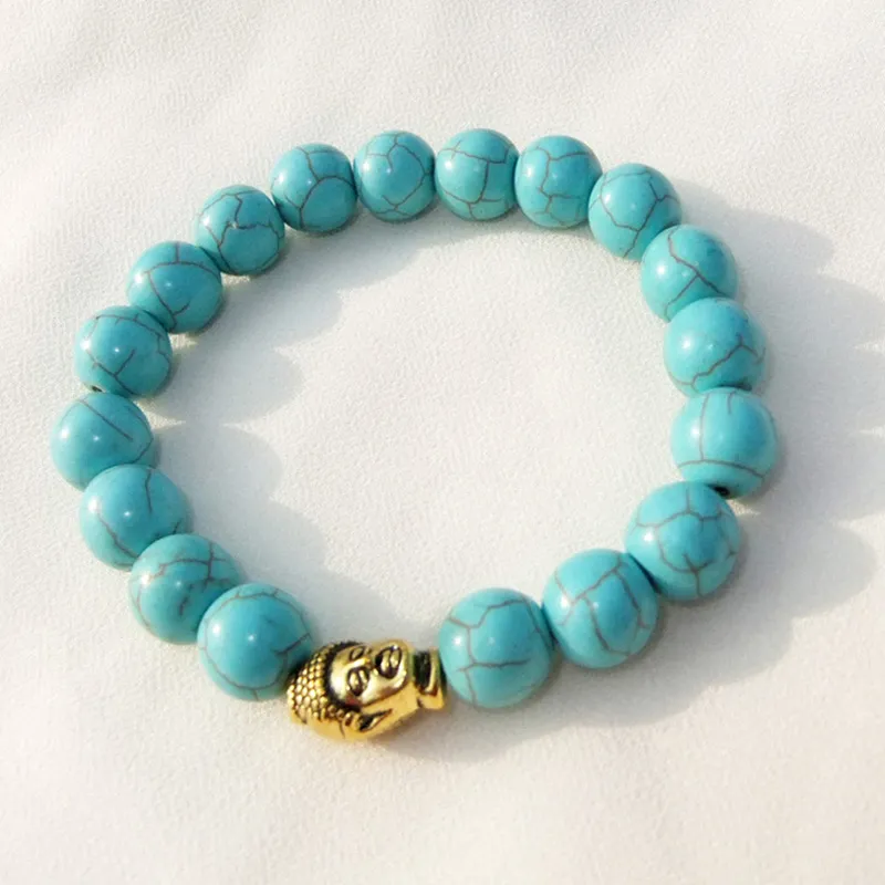 Trendy Gold Silver Buddha Bead Charm Armband Voor Vrouwen Mannen Elastische Ketting Turquoise Stone Beaded Armbanden Bangle Unisex Vintage Sieraden