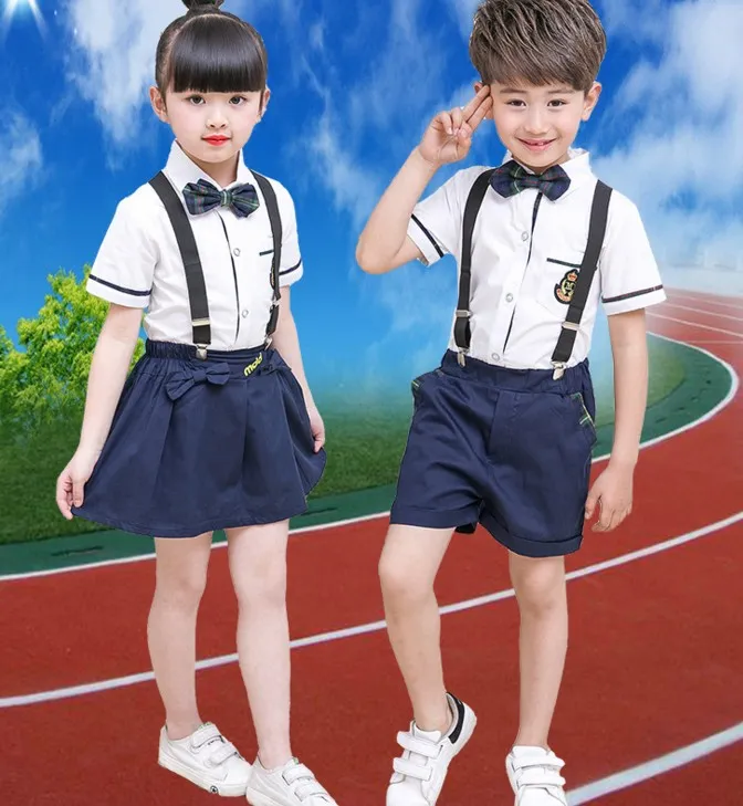 2017 New Kids School Uniform Dress Set Set Bow Tie Girl White T Shirt