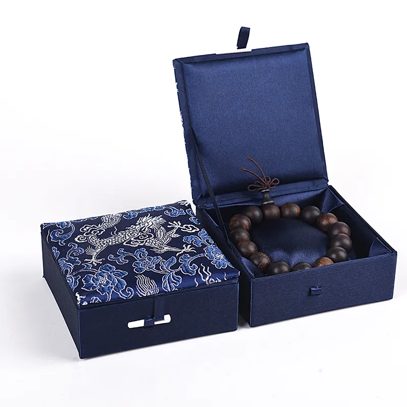 Boîte de brocart de soie à motif de dragon, boîtes d'emballage décoratives remplies de coton pour bracelet, étui cadeau, artisanat chinois, boîte de rangement de bijoux en carton