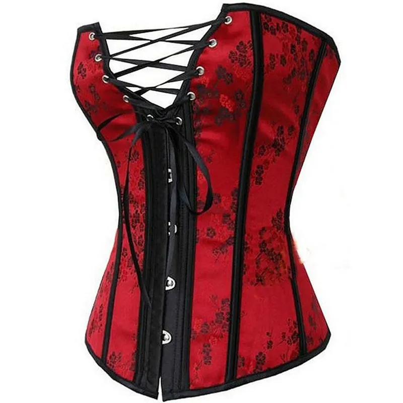 Corsetto rosso sexy vintage da donna Steampunk Bustier Cosplay Lingerie basca con lacci Stampa floreale Overbust Shapewear S-6XL