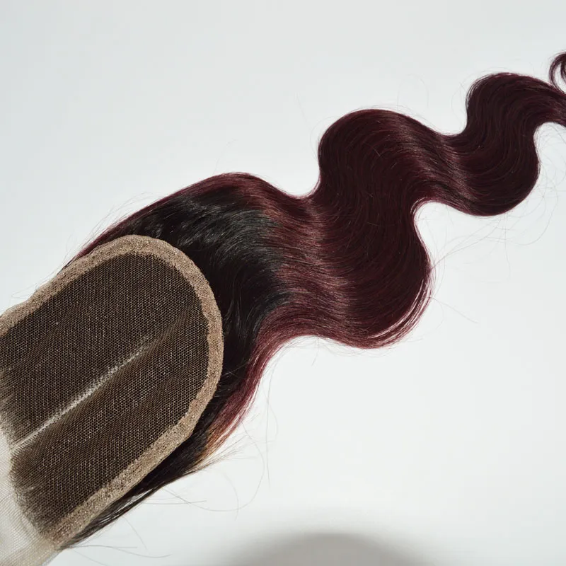 Ombre волос 4*4Lace закрытие с 3 пачки 300gram два тона Dip краска бордовый 99J волна тела человеческих волос ткет закрытие