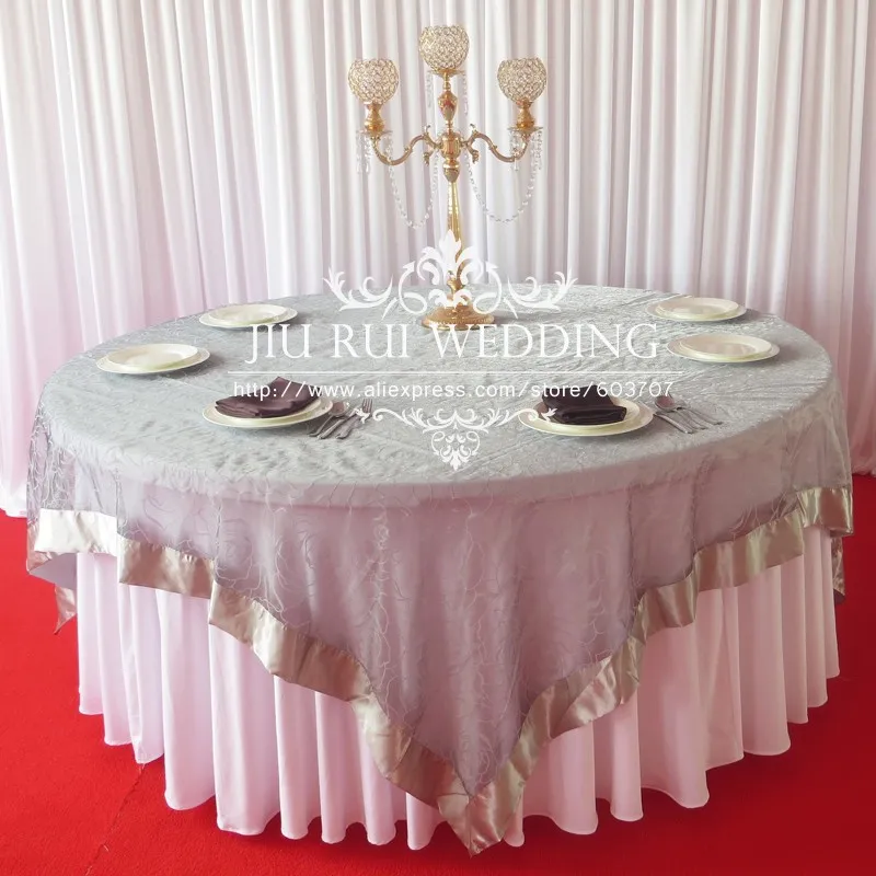 Elegance 90inch Square White Flocking Organza Table Overlay With White Satin Edge--Morning Glory Pattern Style For Choice