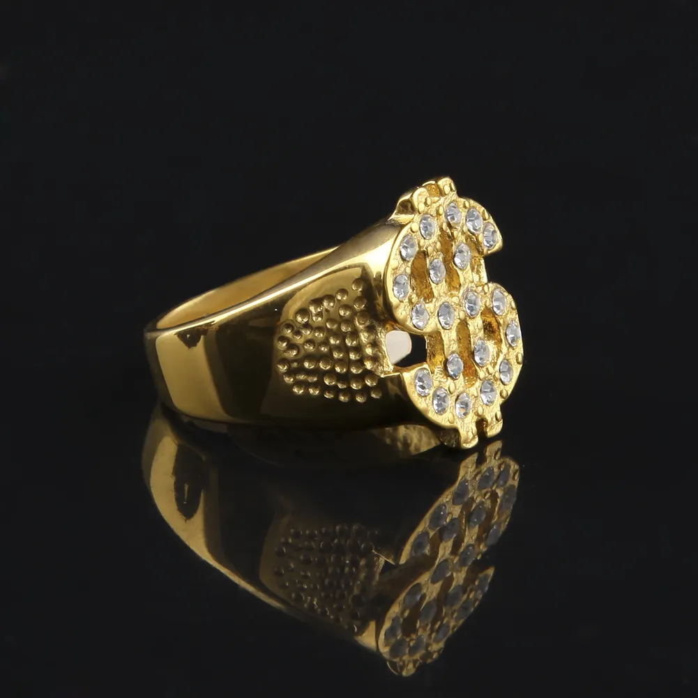 Hiphop gesimuleerde diamant dollar charme ring voor mannen mode rotsstijl roestvrij staal vergulde bling bling $ ring