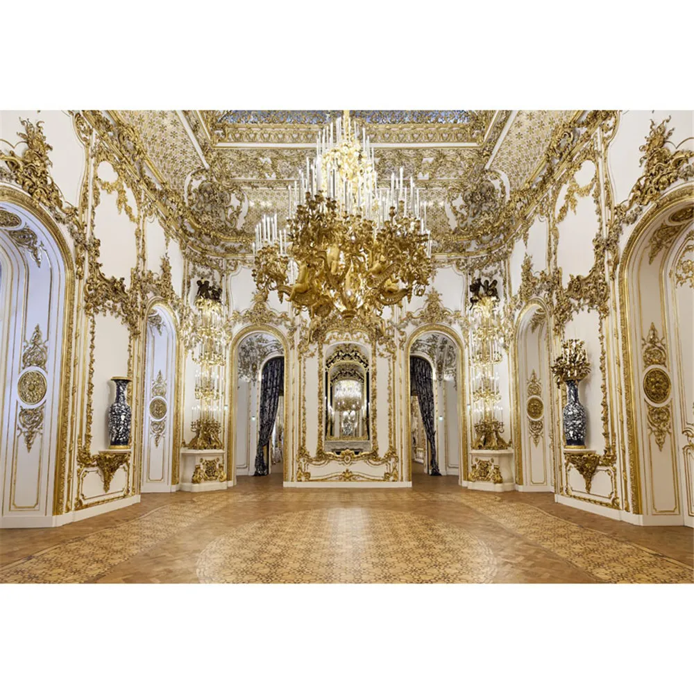 Luxury Palace Kandelier Fotografi Bakgrund Guld Carvings på Vit Vägg Inredning Bröllop Foto Skjut Bakgrunder för Studio