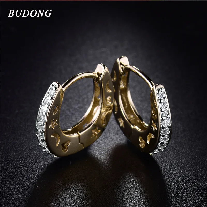 All'ingrosso- BUDONG Fashion Argento / Colore oro Orecchini a cerchio con stella di luna piccola per le donne Pietra CZ Zirconia Gioielli da sposa in cristallo XUE108