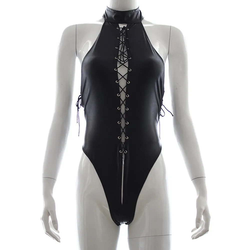 Svart Lace-up Teddy Hot Sexig Leotard Kvinnor Backless Halter Bodysuit Racy Underkläder Nattklubb Stripper Dansdräkt