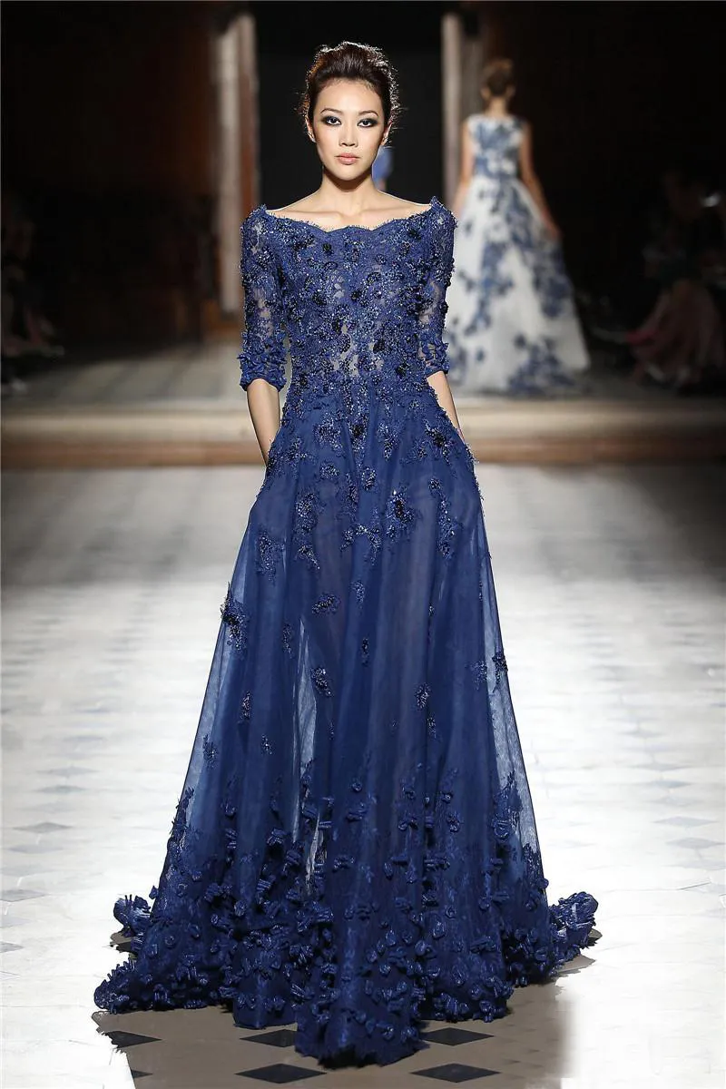 Eleganti abiti da sera in pizzo blu scuro con mezza manica a-line scollo gioiello lungo abito da ballo con paillettes abiti da sera con applicazioni di lunghezza del pavimento in tulle