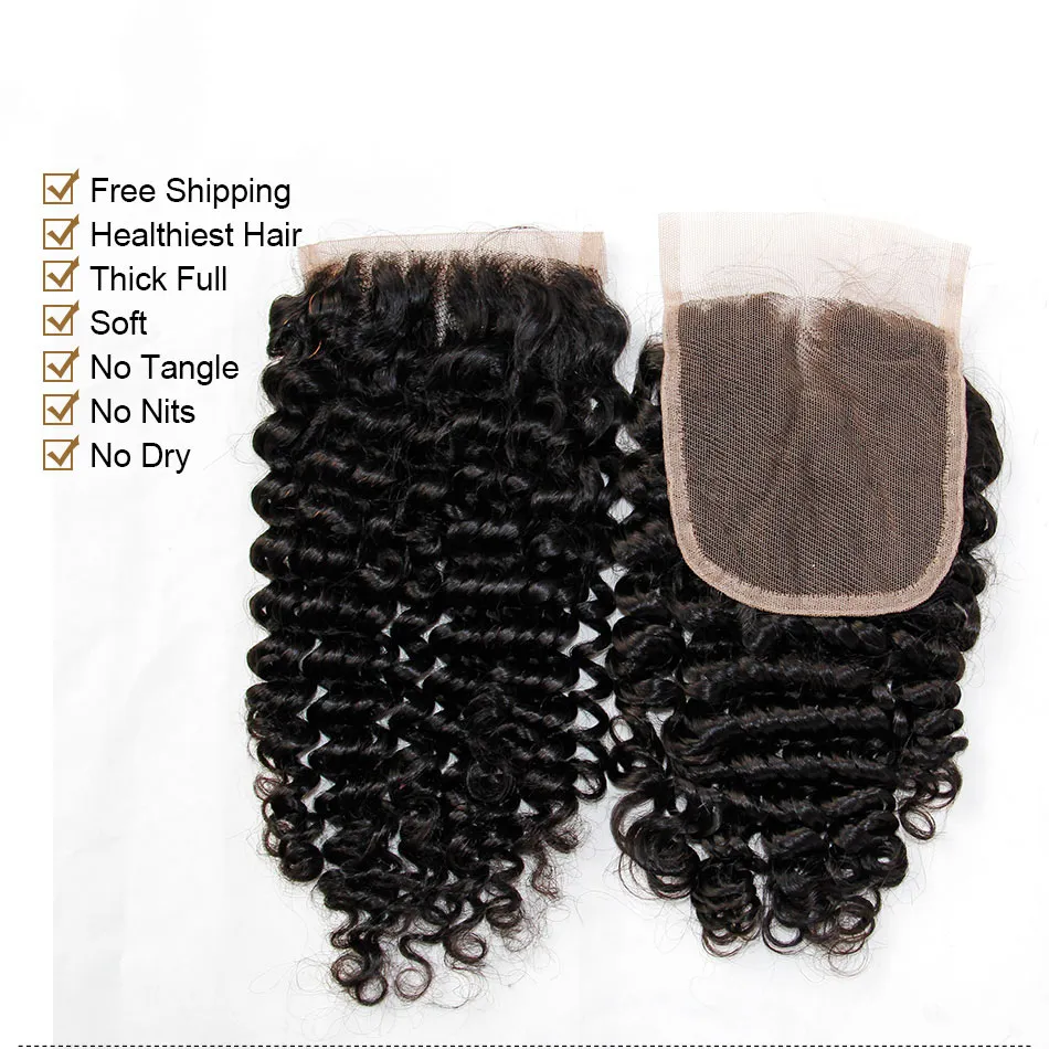 Peruana Curly Virgin cabelo Lace Encerramento Parte Oriente Livre Cabelo Humano Encerramento peruana profunda cabelo encaracolado Top Lace Closures 4x4Size Preto Natural