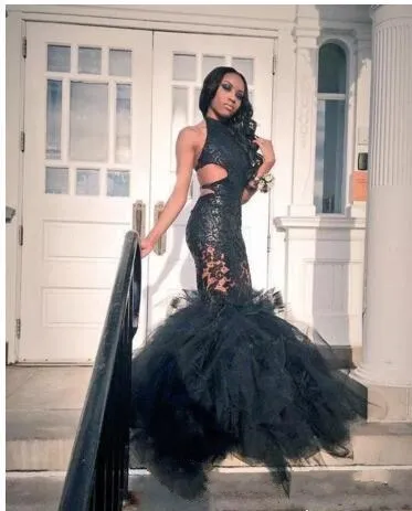 Imagen real 100% Black Girls Mermaid Vestidos de fiesta 2019 Aplique de encaje puro Sexy Backless Ruffles Skirt Vestidos formales Vestidos nocturnos