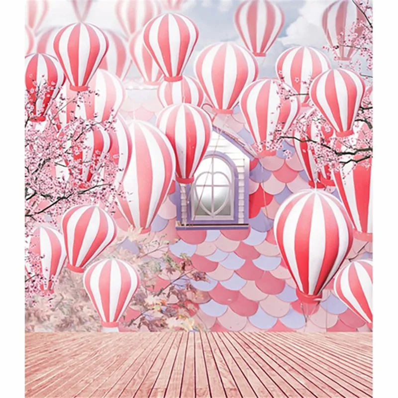 Fondo de fotografía de boda con globos de aire rosa suelo de madera flor árbol casa ventana pared bebé niños foto estudio telón de fondo