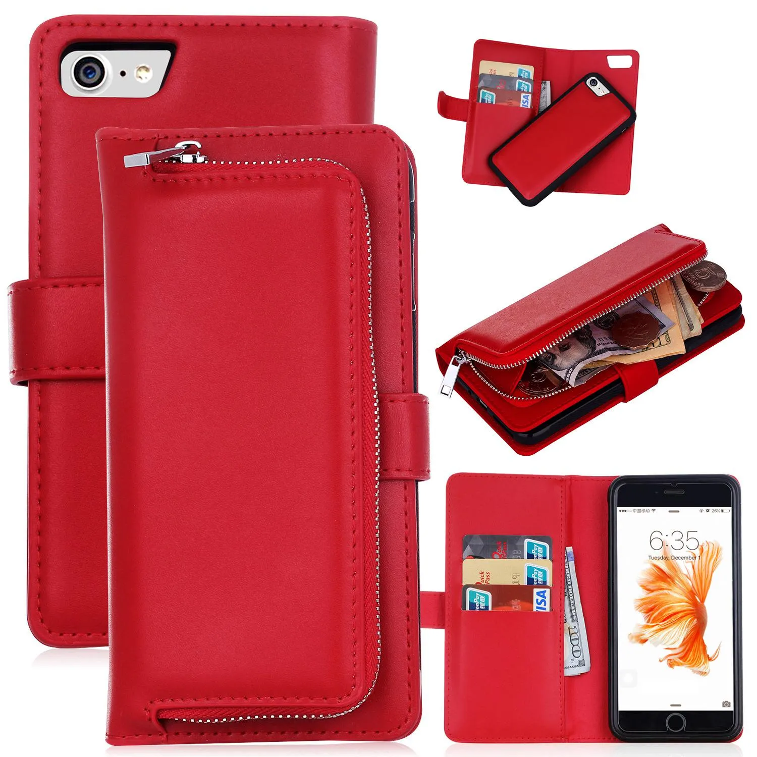 2 i 1 Magnet Avtagbar flyttbar blixtlås Läder plånbok Fodral Förpackning för iPhone 7 8 / 