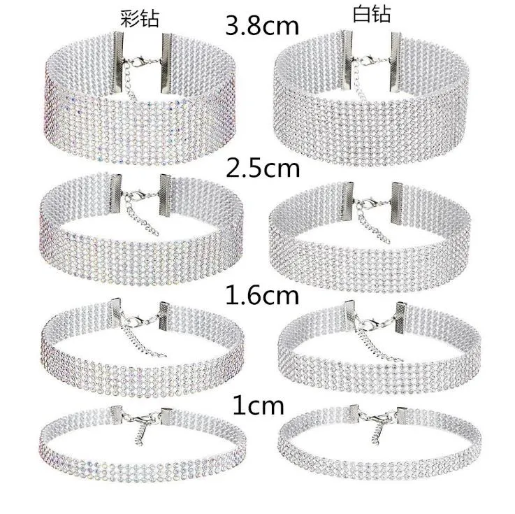 Billiga modekvinnor full kristall strass chokers halsband för kvinnor silver smycken färgade diamant uttalande halsband190h