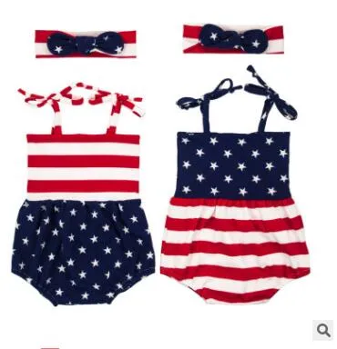 Mädchen Strampler Kinder INS Flagge Vereinigte Staaten Onesies Große Bögen Stirnband Anzüge Kleinkinder Drucken Sommer Overalls Baby Sommer Mode J450