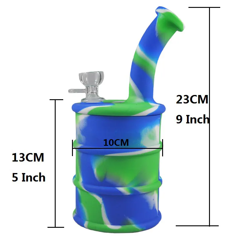 7 färger silikonbongs vattenrör med glasrörskålar stora oljetrummor formade i stockglas silikon bongs vattenrör