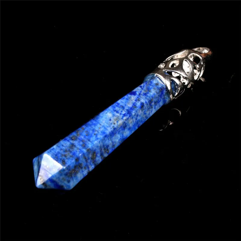 60*10mm Egyptian Blue Lapis Lazuli Nature Quartz Semi-precious Stone 6 Facet Cut Created Gemstones Silver Plated Cap Bail Pendant Necklace