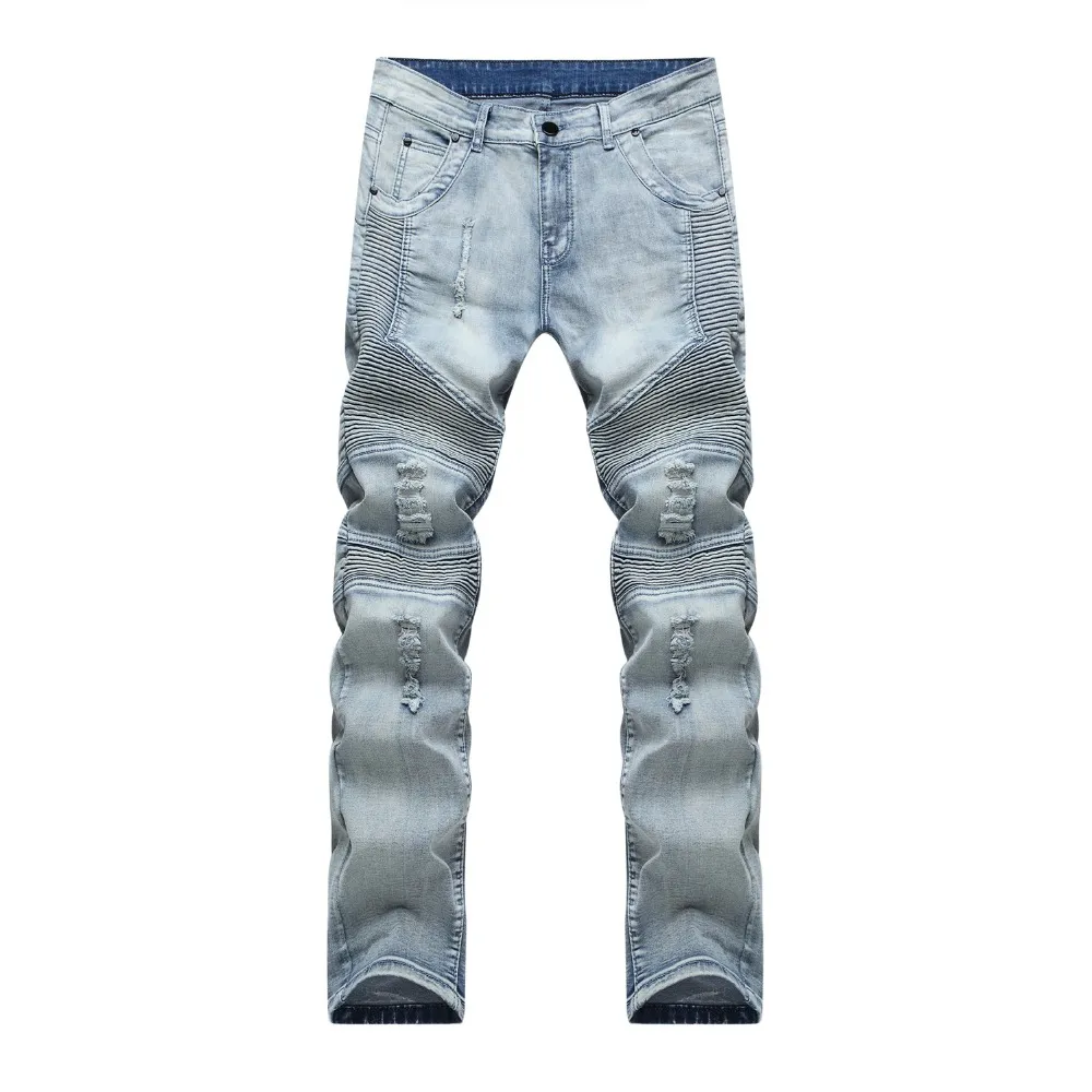 Toptan-erkek bisikletçinin kot tahrip kot kumaş elastik slim fit yıkanmış denim sıska pantolon joggers sıska erkekler pantolon ripped