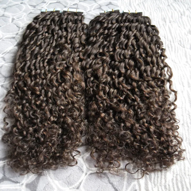 Brasiliansk Kinky Curly Hairtrape In Human Hair Extensions / Set Lime Osynlig Tape Pu Skin Weft 200g