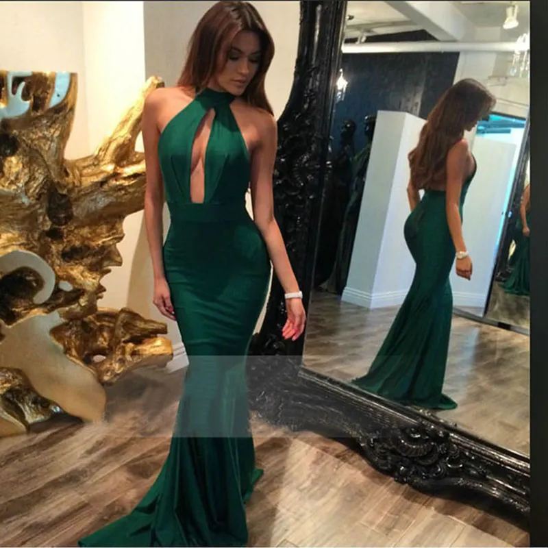 white christmas dresses Emerald Green Satin A Line High Slit Prom Dress with Buttons Vestido D –  Siaoryne main image 1