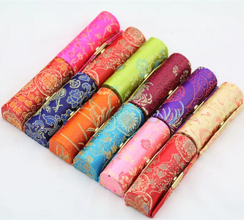 Vintage Cheap Empty Lipstick Case Mirror Chinese Silk Brocade Lip Balm Tubes Packaging Box Lip gloss Makeup Containers 