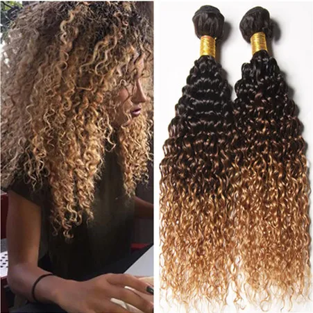 Peruano Ombre Cabelo Humano 3 Pacotes Crespo Encaracolado 1B / 4/27 Raiz Escura Mel Marrom Loiro Três Tons Ombre Virgem Do Cabelo Humano Tece Extensões