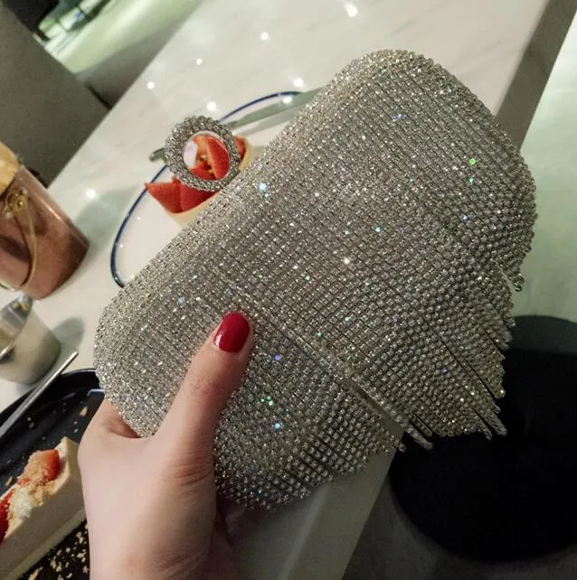 New Rhinestones Heart Tassel Women Clutch Bags Diamonds Crystal Wedding Bridal Handbags Purse Bags GoldSilver1439635