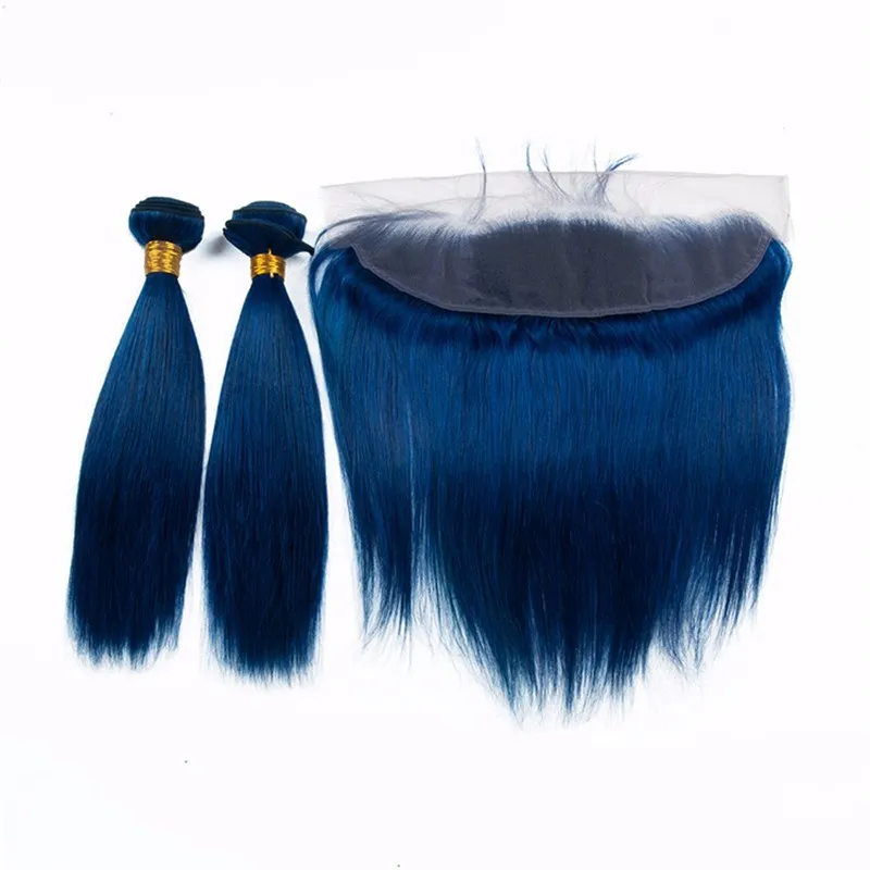 Cabelo Humano brasileiro Virgem Reta Cabelo Azul 3 Pacotes Com Fechamento de Renda Frontal Cosplay Cabelo Humano Tece Com Reta Azul Lace Frontal