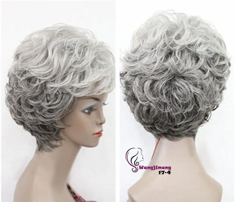 Spedizione gratuitaNuove parrucche della nonna delle donne anziane miste Grey Curly Lady Wigs